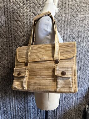 Natural Woven Beige Tote with Front Pockets